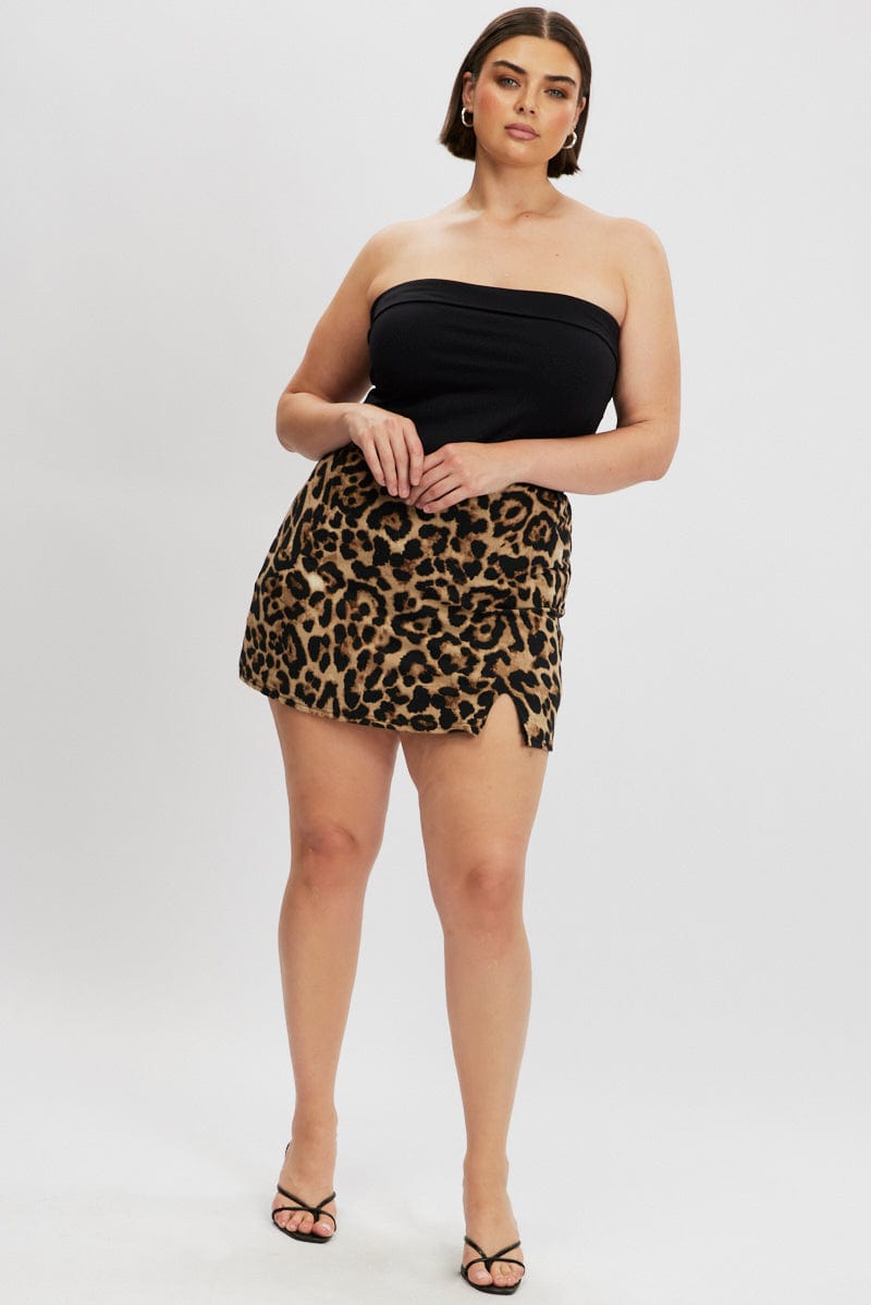 Brown Animal Print Jersey Split Leopard Mini Skirt