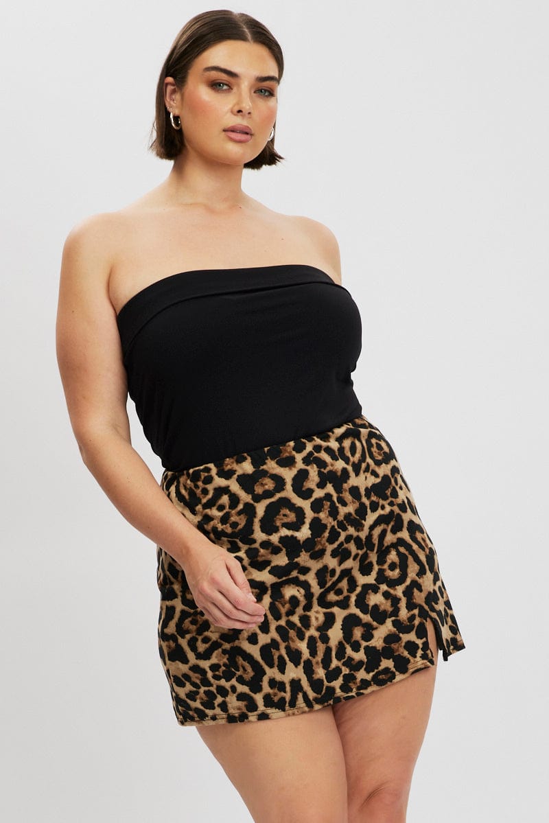 Brown Animal Print Jersey Split Leopard Mini Skirt