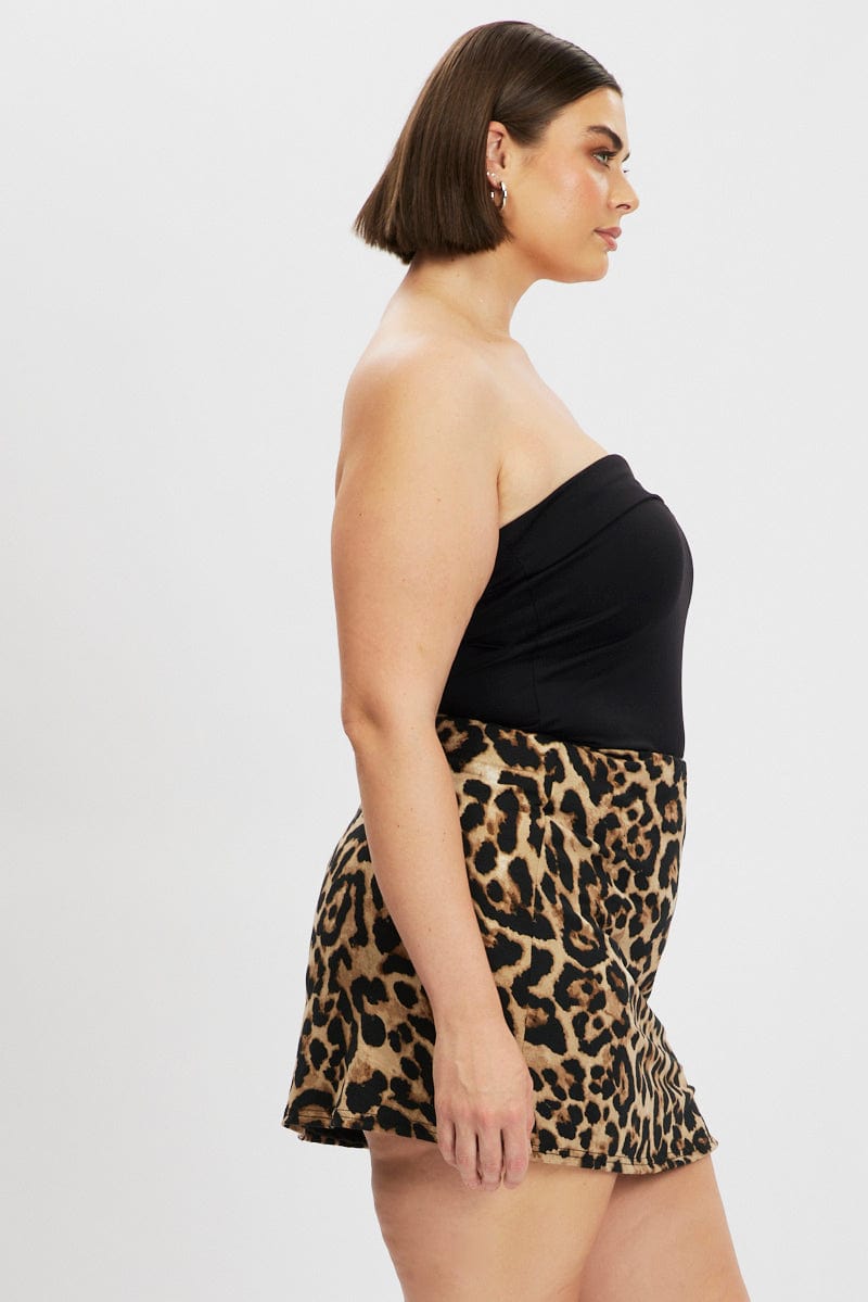 Brown Animal Print Jersey Split Leopard Mini Skirt