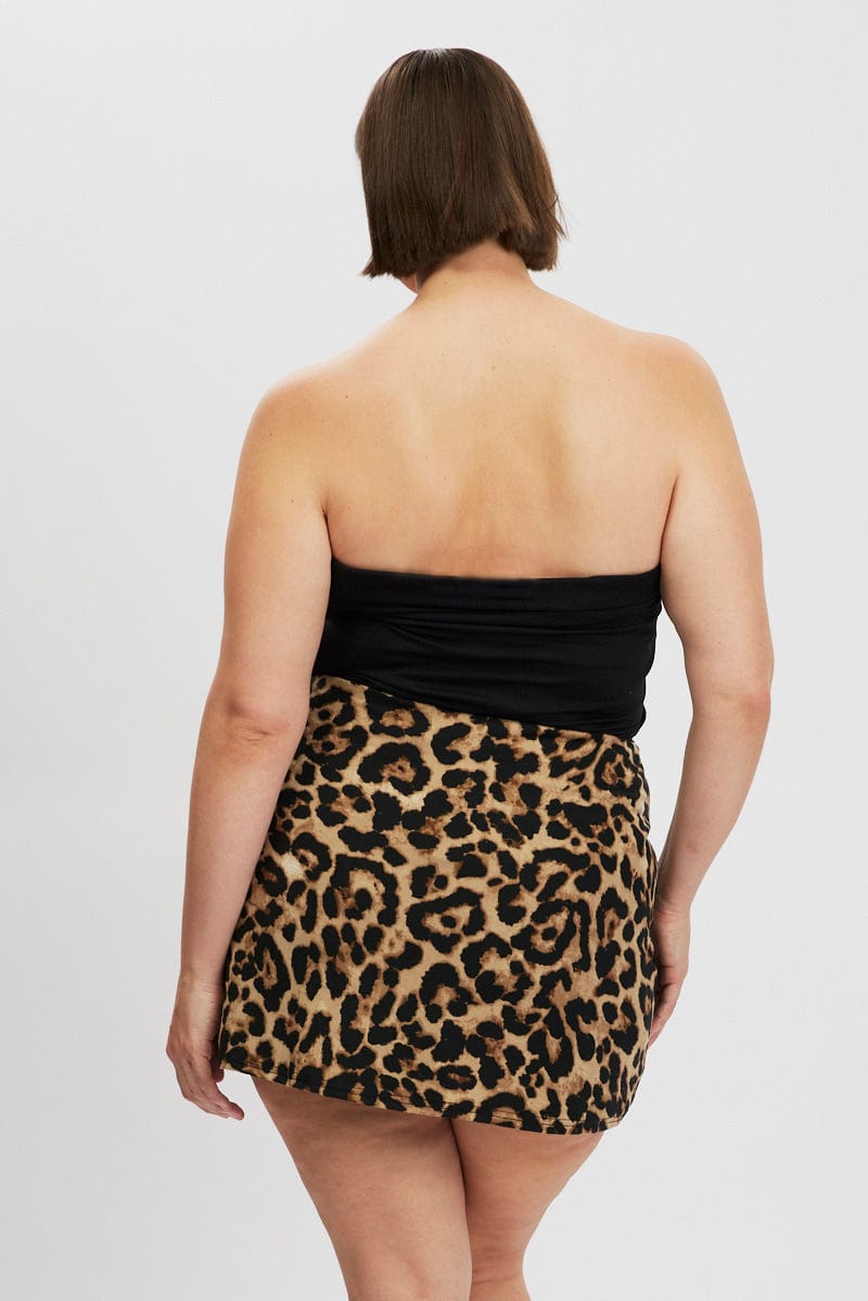 Brown Animal Print Jersey Split Leopard Mini Skirt