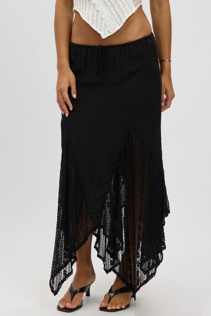 Black Lace Elastic Waist Scarf Hem Maxi Skirt