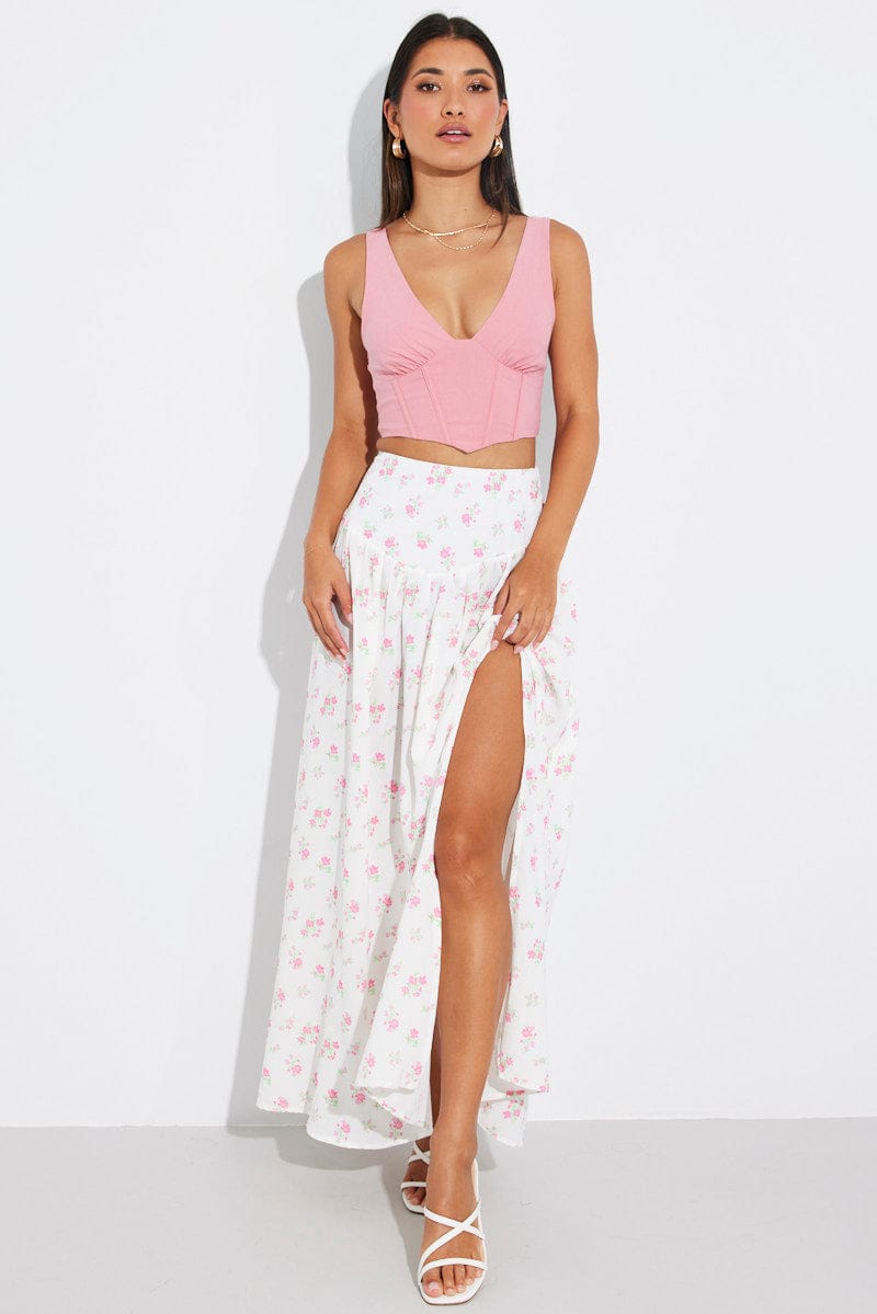 White Floral Maxi Skirt Bouquet Ditsy Side Split Skirt