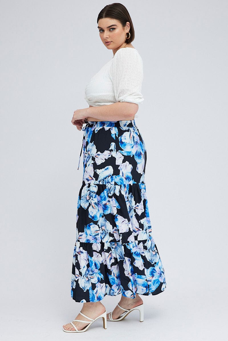 Black Floral Elastic Waist Maxi Skirt