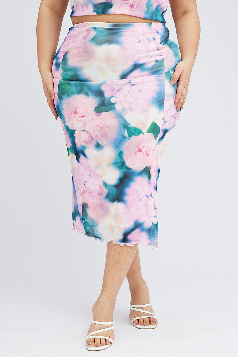 Multi Abstract Midi Skirt Bodycon Side Split