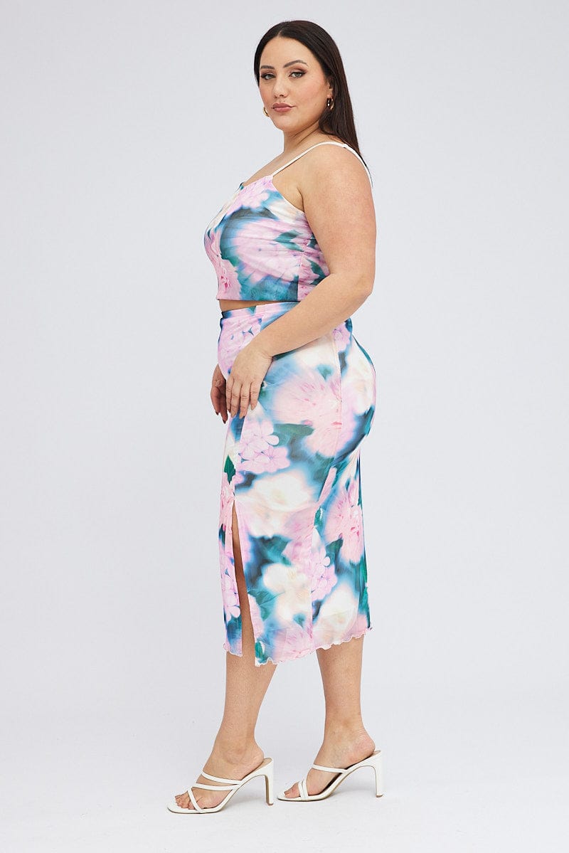 Multi Abstract Midi Skirt Bodycon Side Split