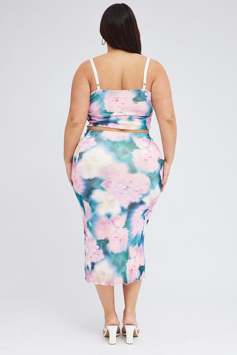 Multi Abstract Midi Skirt Bodycon Side Split
