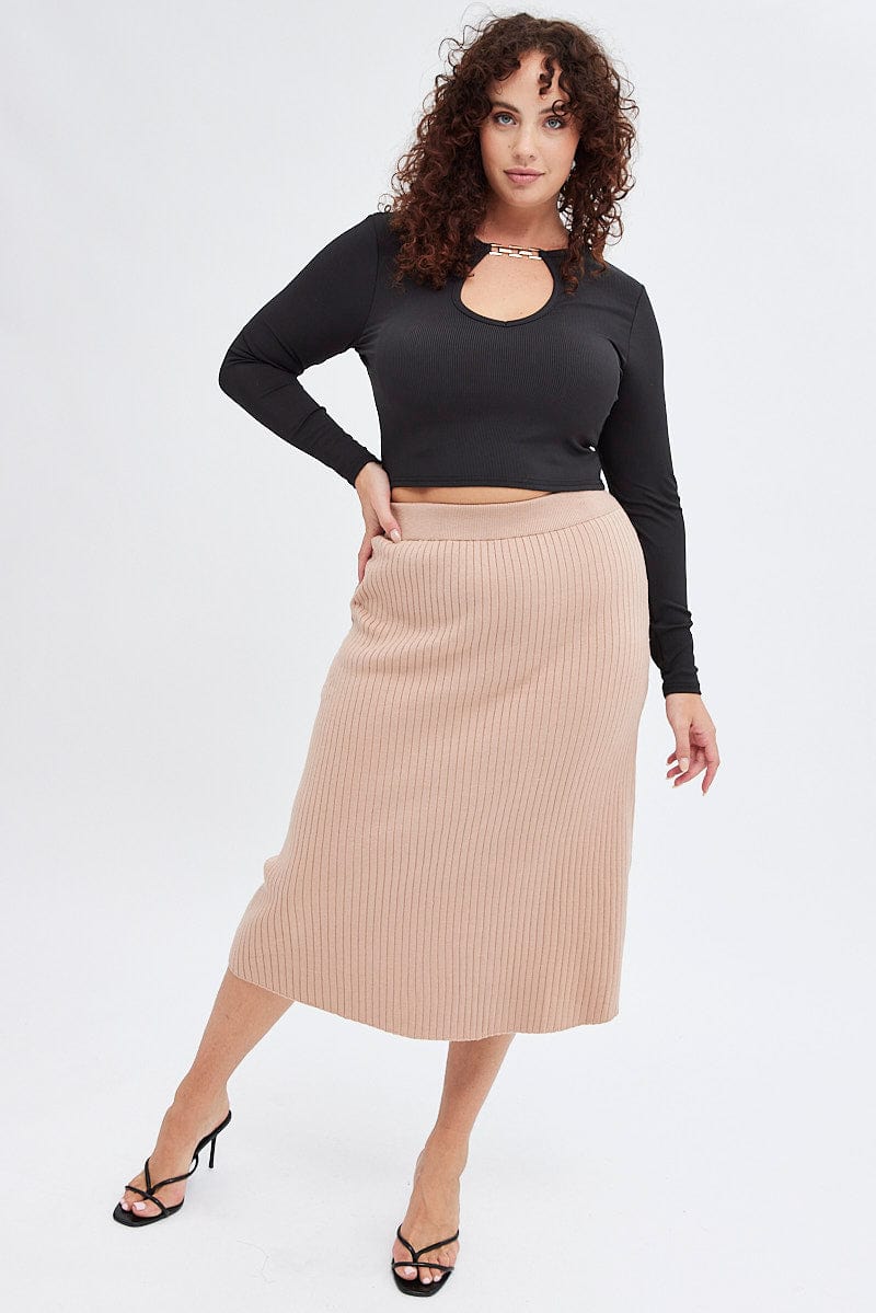 Beige Knit Skirt Elastic Waist Midi Flare Rib