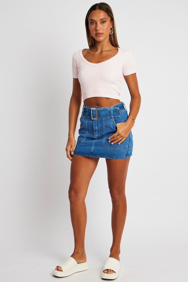 Pink Crop T Shirt Short Sleeve V Neck Seamless