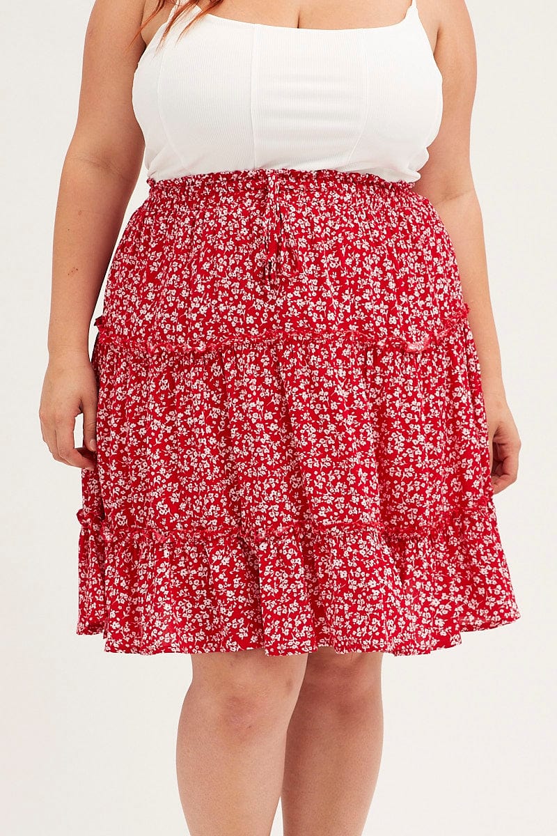 Red Ditsy Mini Skirt High Rise Tiered