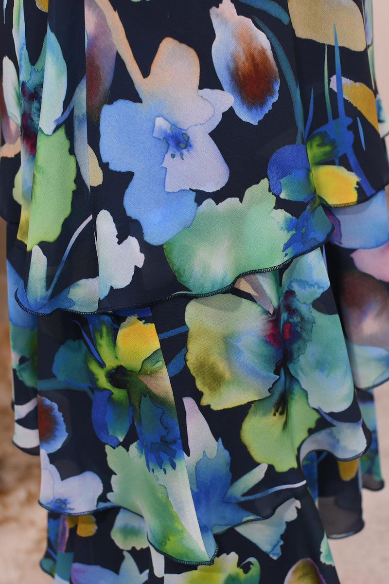 Godske Blue, Green & Purple Floral Print Cowl Neck Dress with Frill Skirt-18695 1123 66