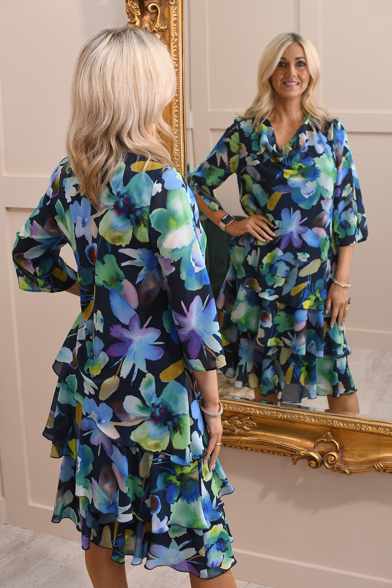 Godske Blue, Green & Purple Floral Print Cowl Neck Dress with Frill Skirt-18695 1123 66
