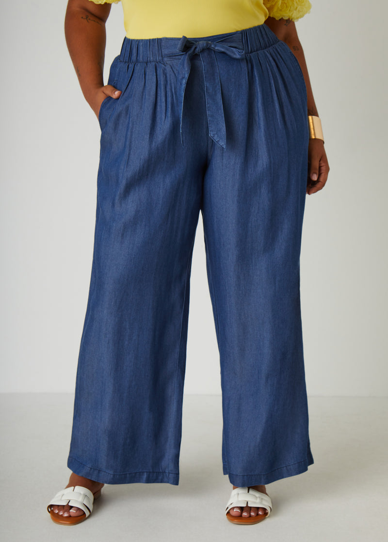 Belted Chambray Wide Leg Pants