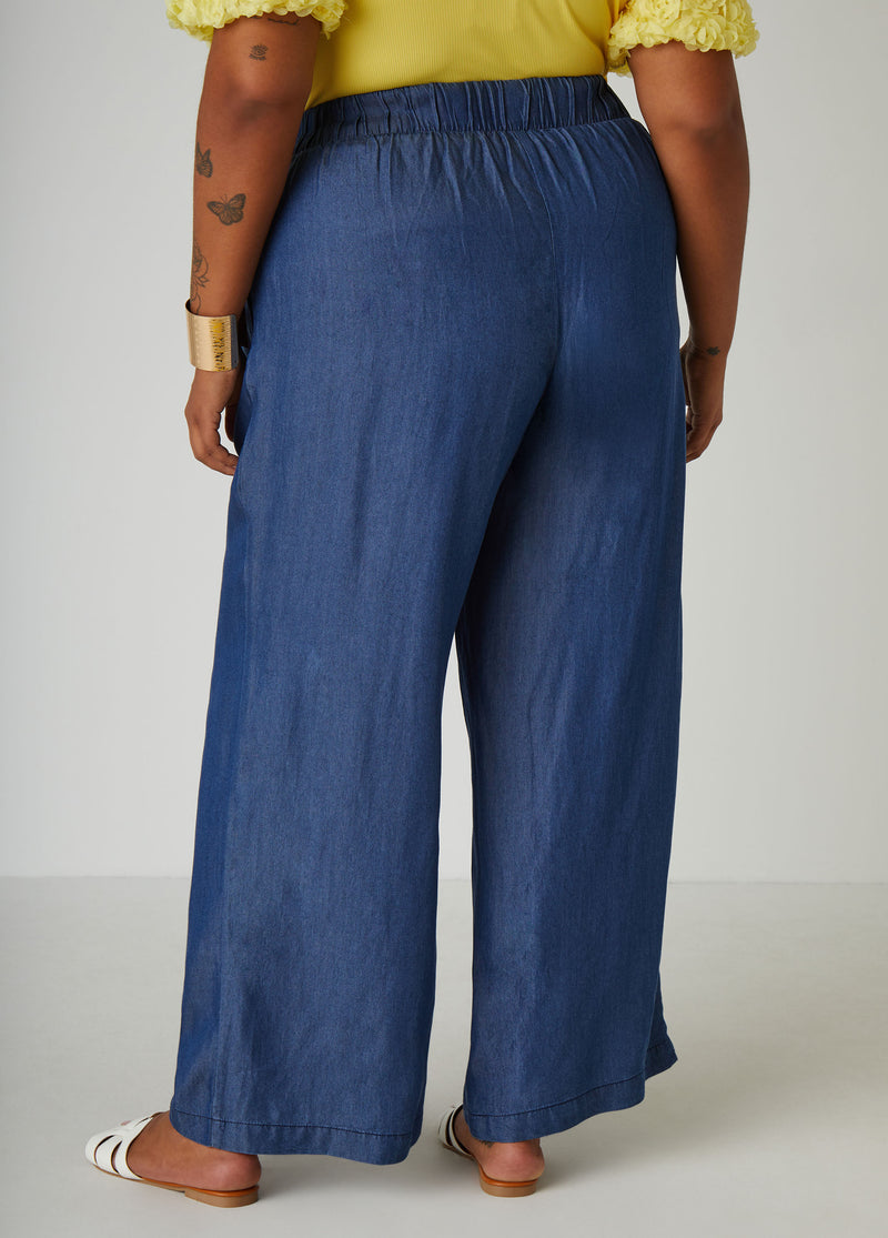 Belted Chambray Wide Leg Pants