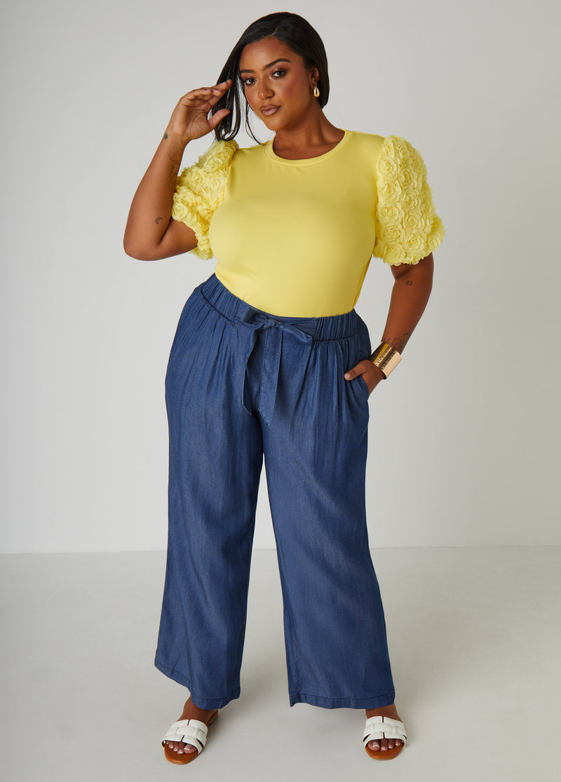Belted Chambray Wide Leg Pants