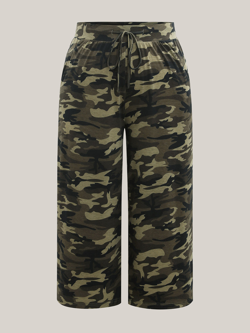 Camouflage Print Tie-Waist Wide-Leg Pants