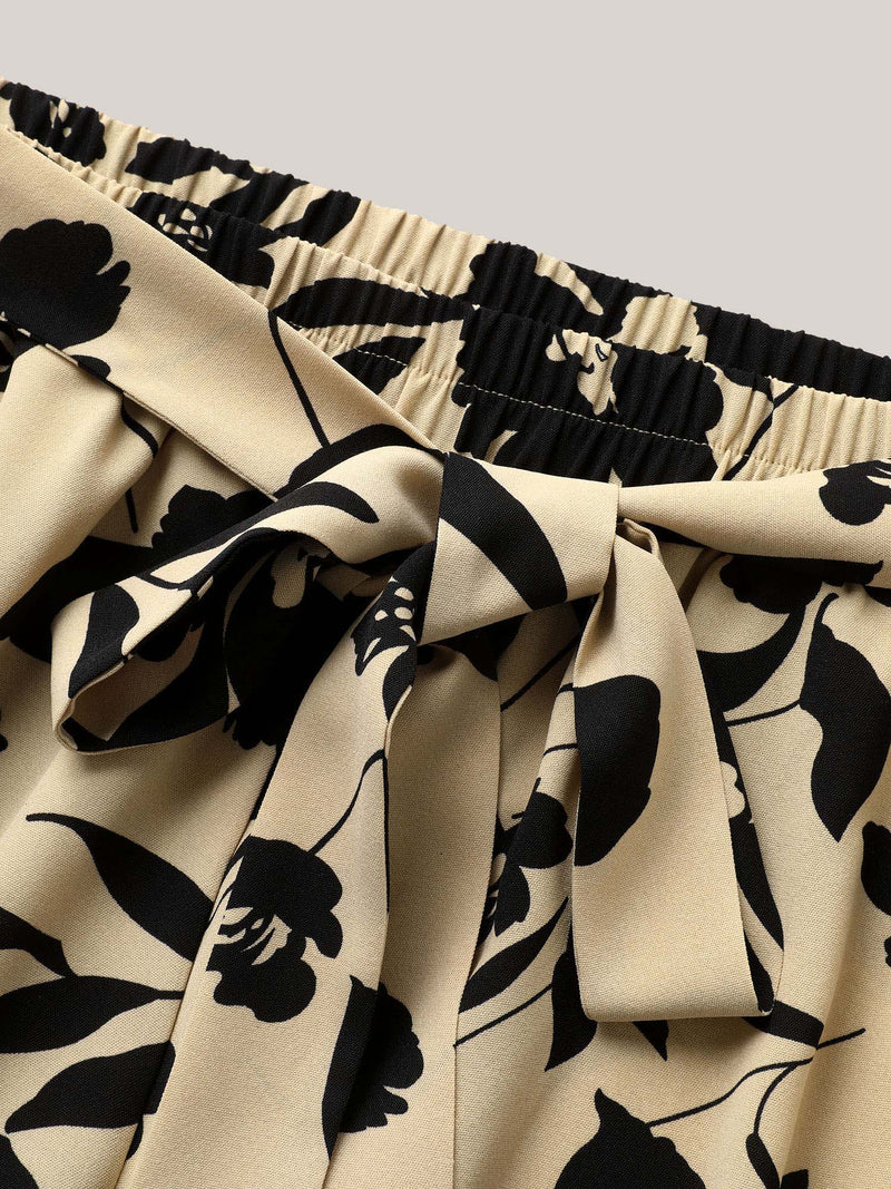 Silhouette Floral Print Ties Side Seam Pocket Pants