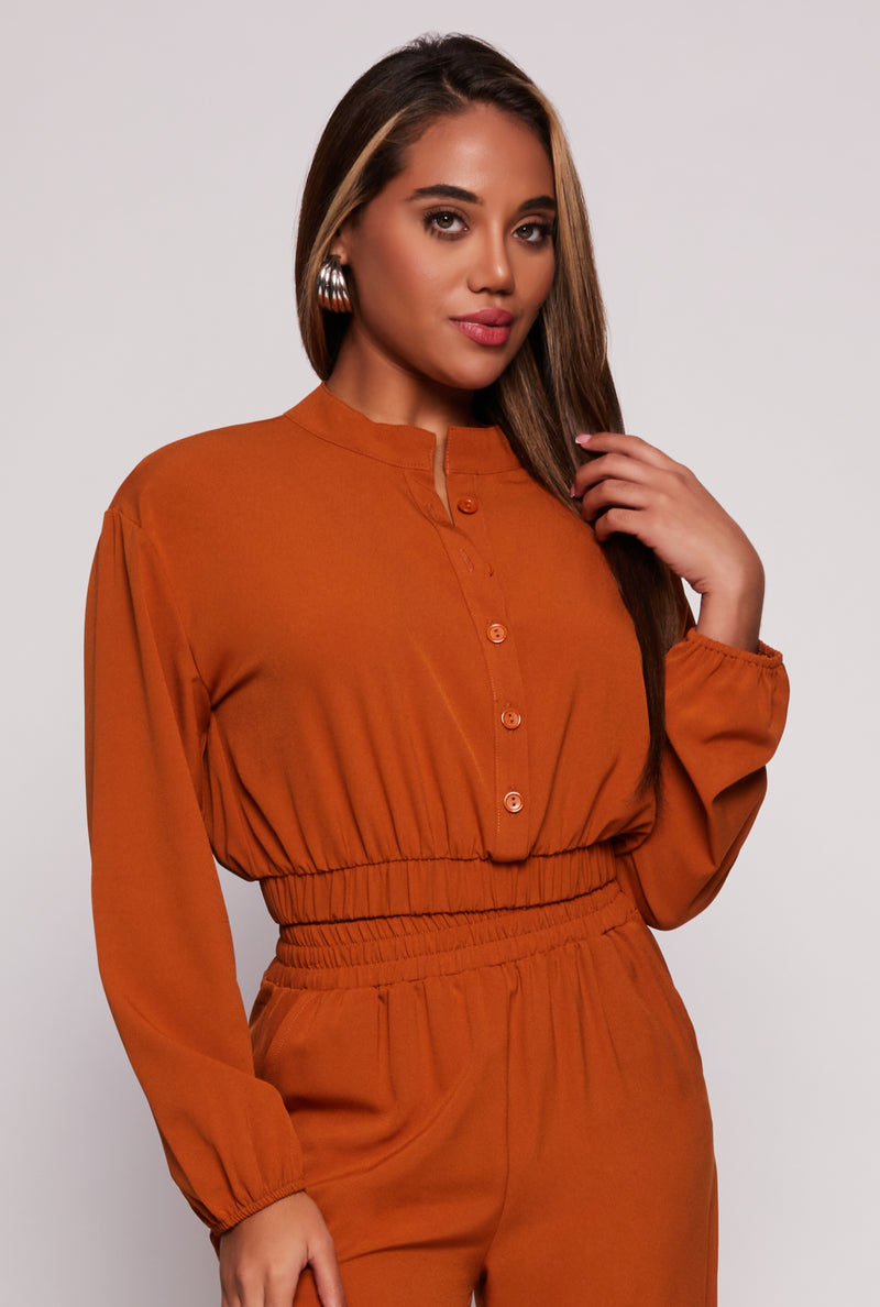 Crepe Knit Button Front Cropped Blouse