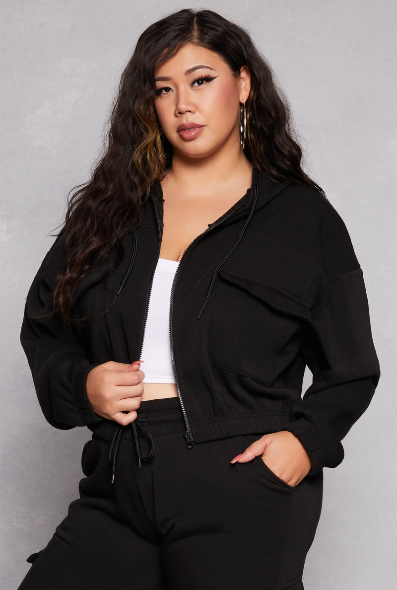 Plus Size Fleece Cargo Pocket Zip Front Hoodie