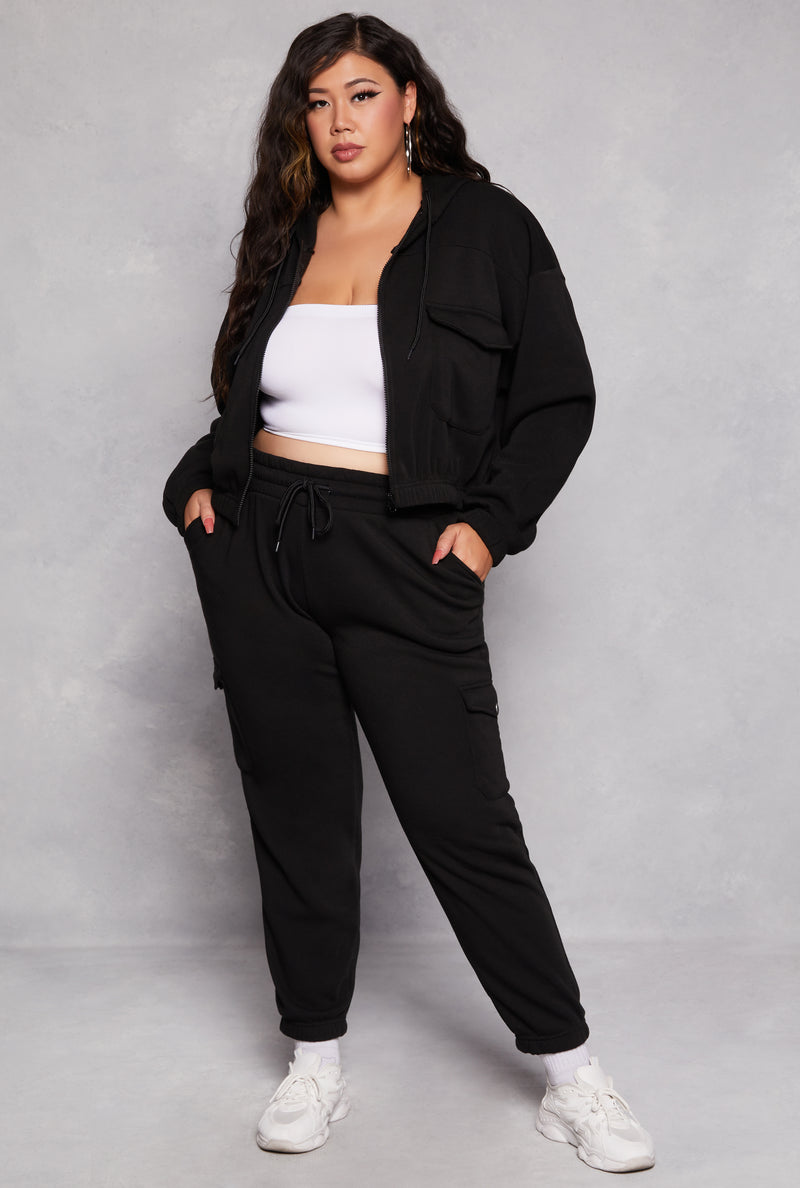 Plus Size Fleece Cargo Pocket Zip Front Hoodie