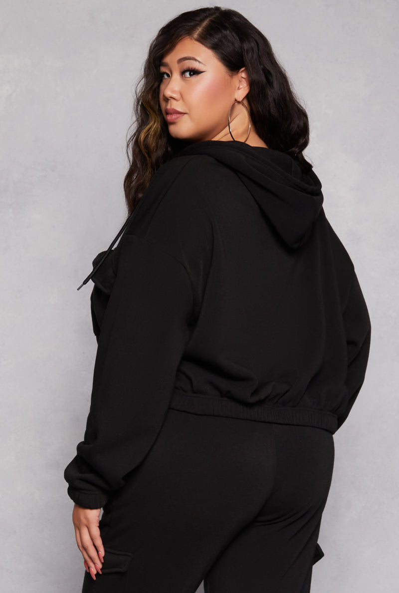Plus Size Fleece Cargo Pocket Zip Front Hoodie