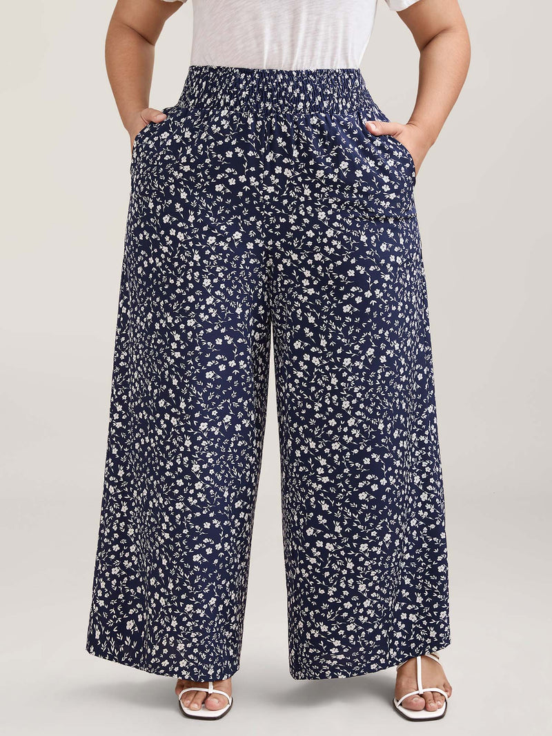 Ditsy Floral Print Shirred Wide-Leg Pants