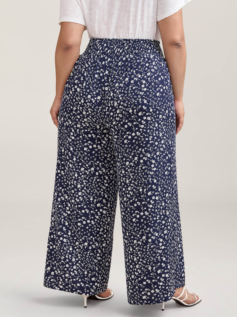 Ditsy Floral Print Shirred Wide-Leg Pants