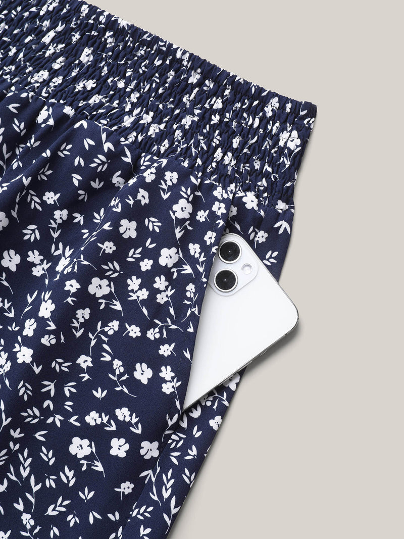 Ditsy Floral Print Shirred Wide-Leg Pants
