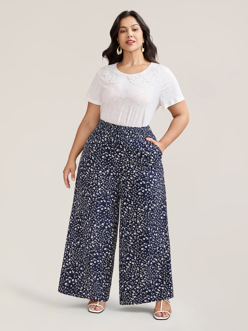 Ditsy Floral Print Shirred Wide-Leg Pants