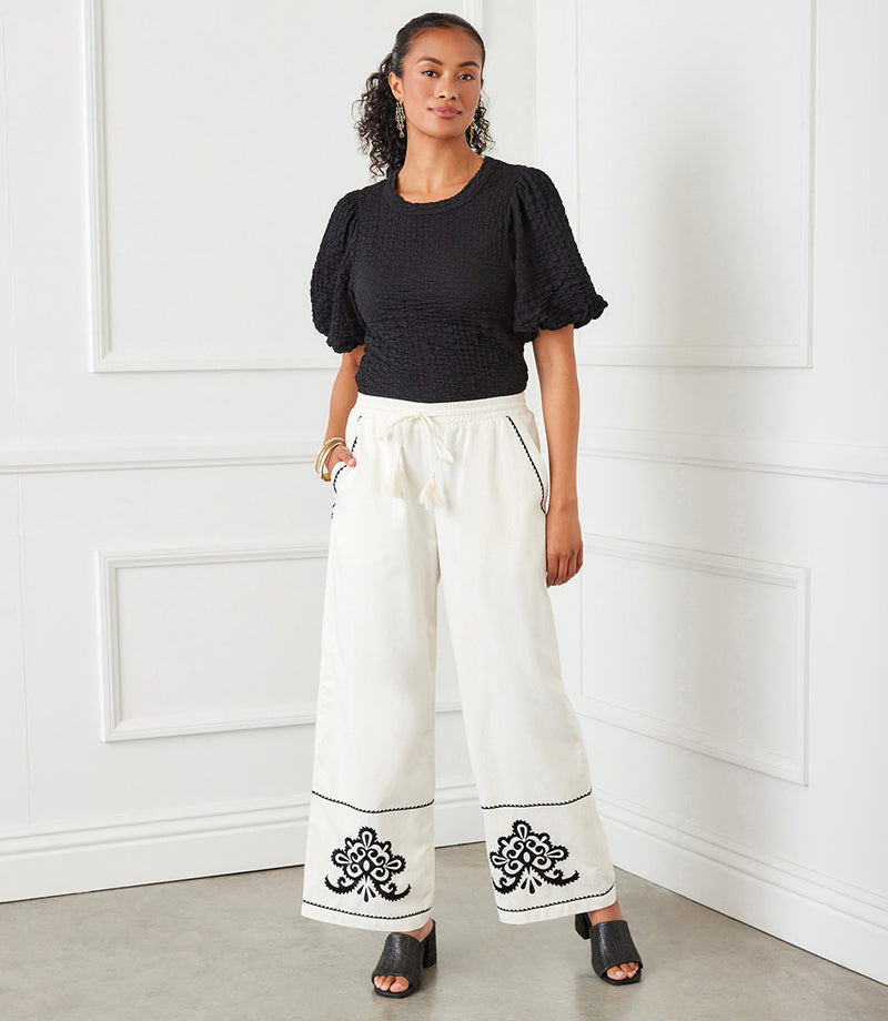 Embroidered Drawstring Ankle Pants