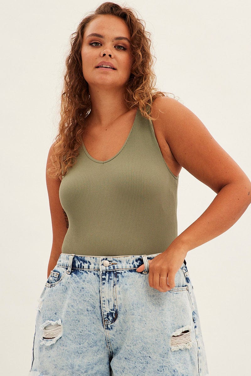 Green Bodysuit Sleeveless V-neck Seamless