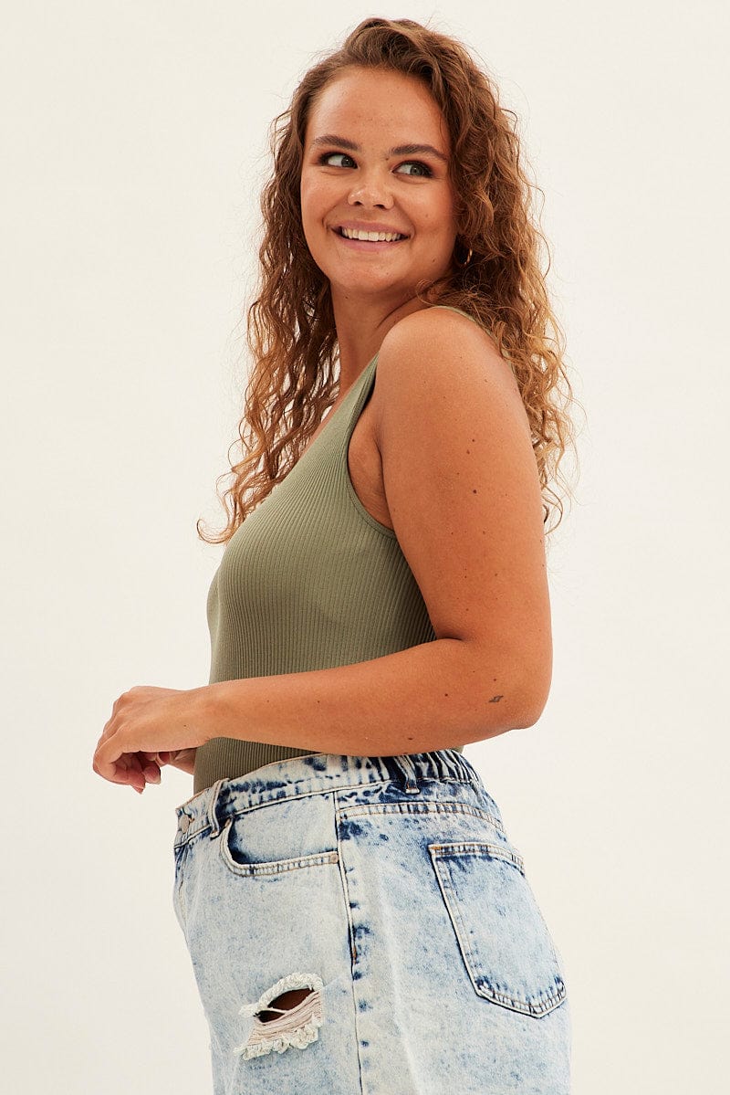 Green Bodysuit Sleeveless V-neck Seamless