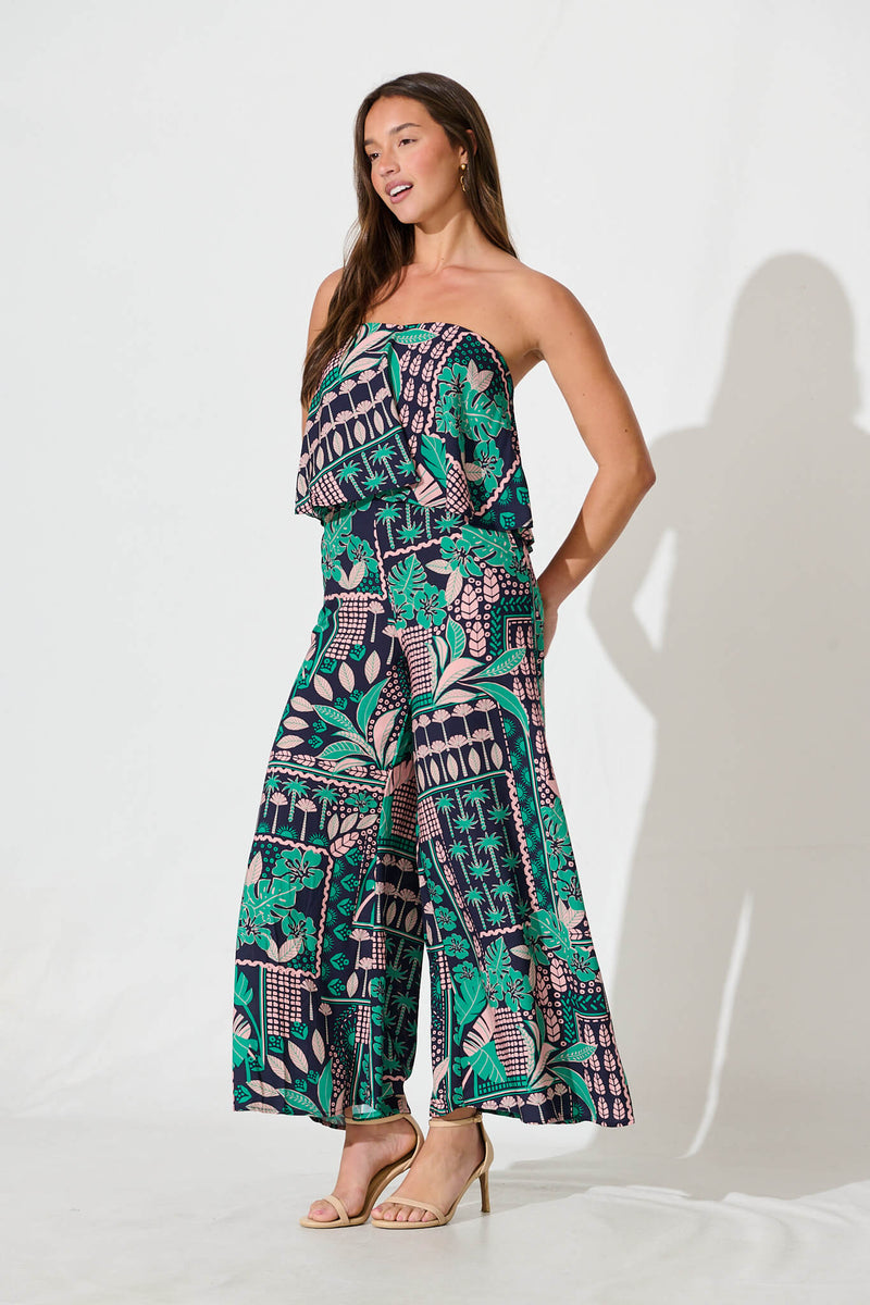 North Jumpsuit In Navy With Green And Blush Patchwork