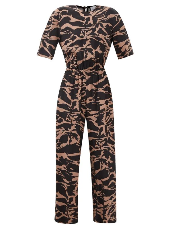 RAEY Camo-Tiger Print Silk Cinched Elastic Waist Wide-Leg Jumpsuit