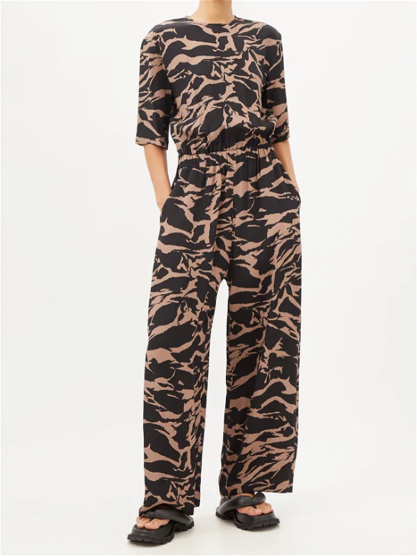 RAEY Camo-Tiger Print Silk Cinched Elastic Waist Wide-Leg Jumpsuit