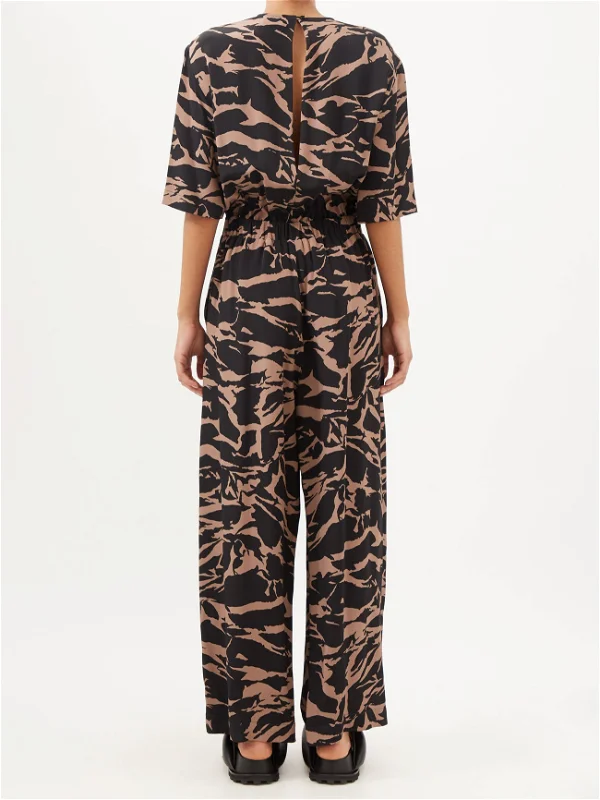 RAEY Camo-Tiger Print Silk Cinched Elastic Waist Wide-Leg Jumpsuit