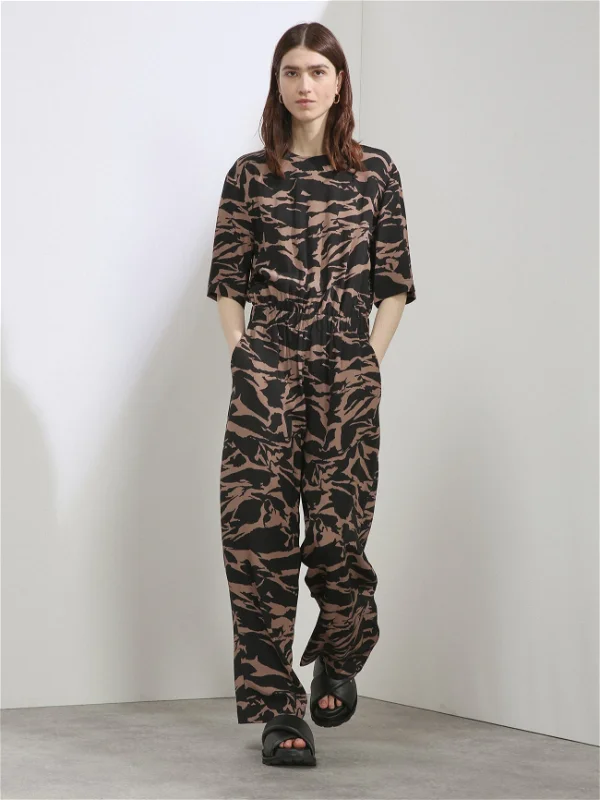 RAEY Camo-Tiger Print Silk Cinched Elastic Waist Wide-Leg Jumpsuit