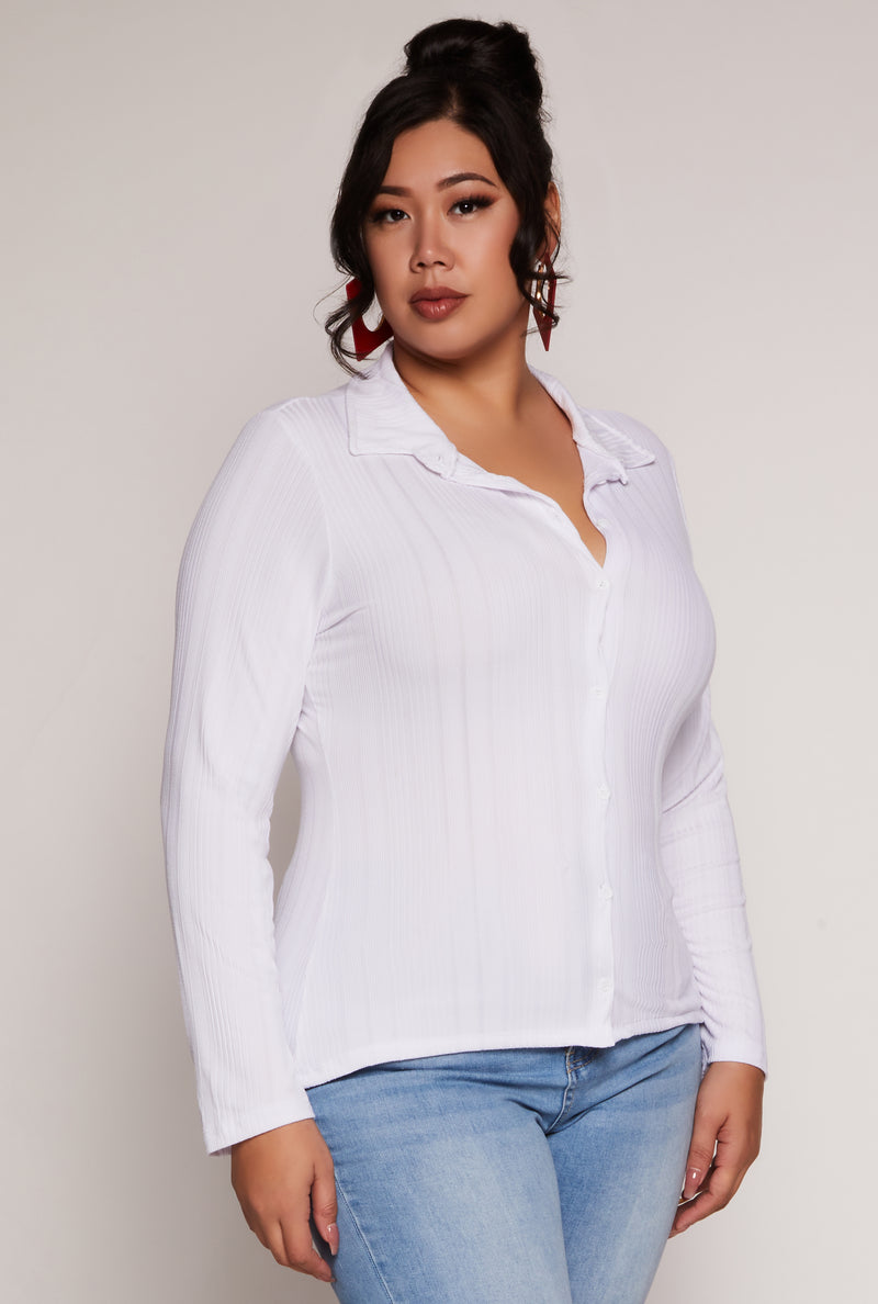 Plus Size Ribbed Knit Button Front Top