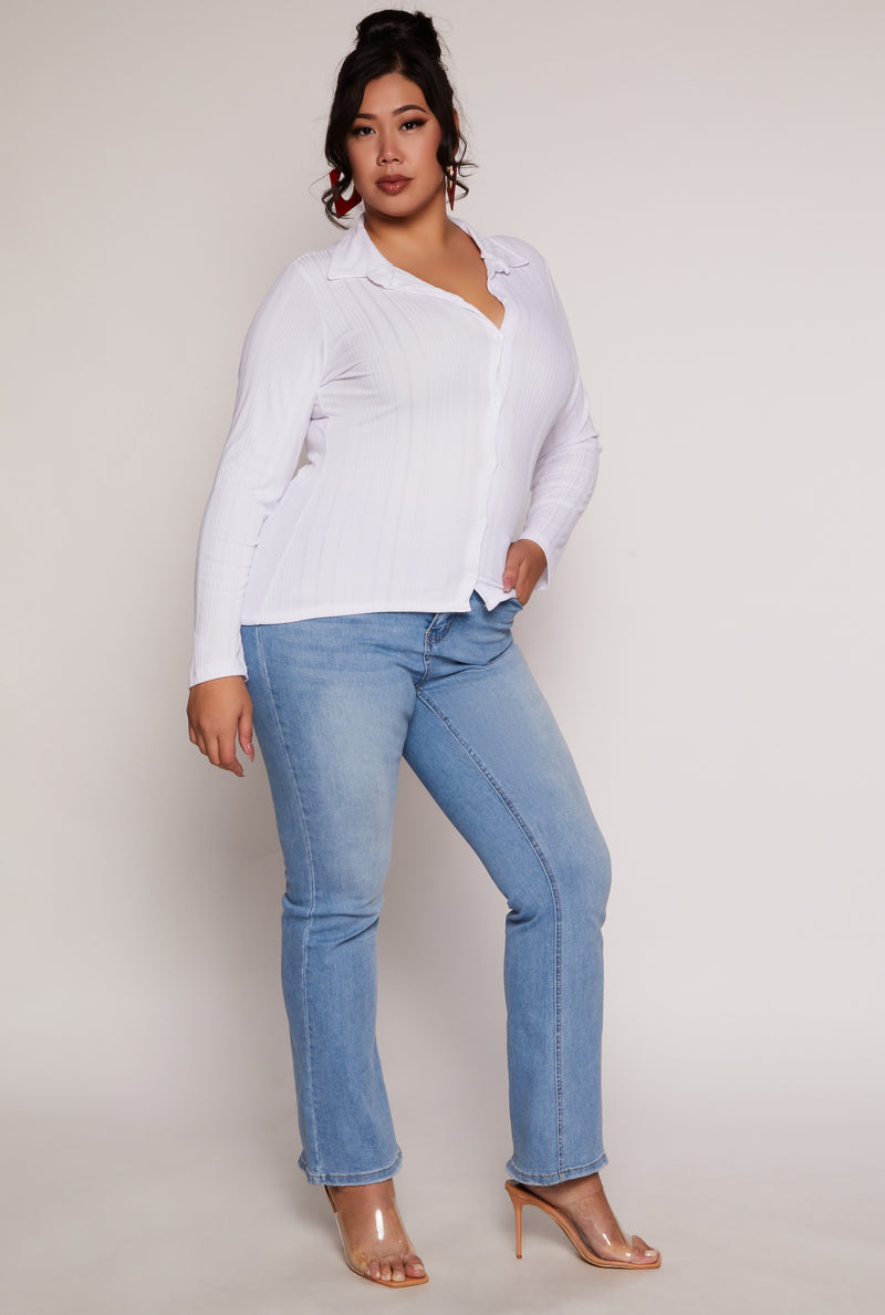 Plus Size Ribbed Knit Button Front Top