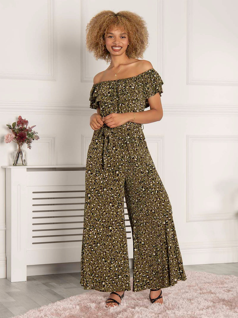 Animal Print Ruffle Jumpsuit, Green Animal