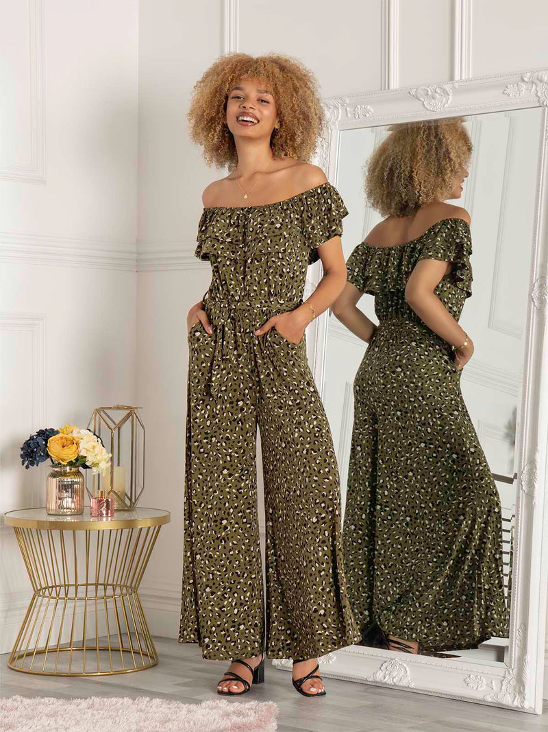 Animal Print Ruffle Jumpsuit, Green Animal
