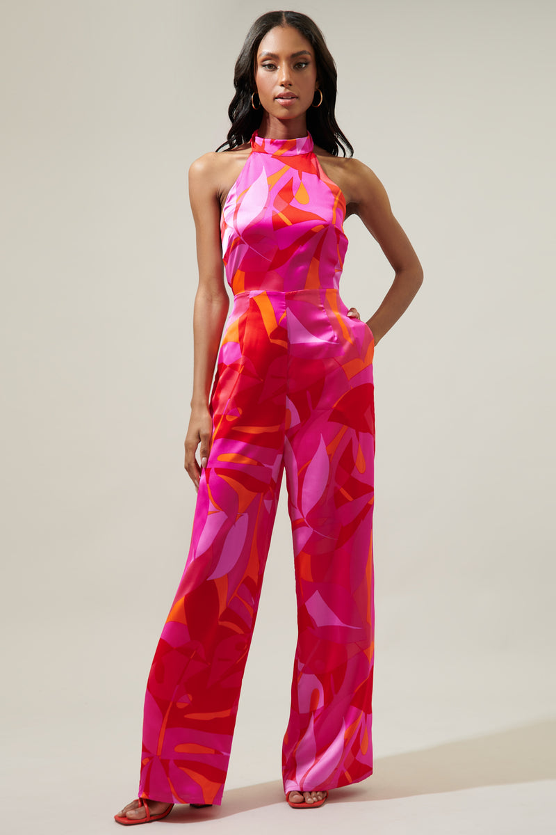 Sangria Abstract After Hours Satin Backless Halter Jumpsuit