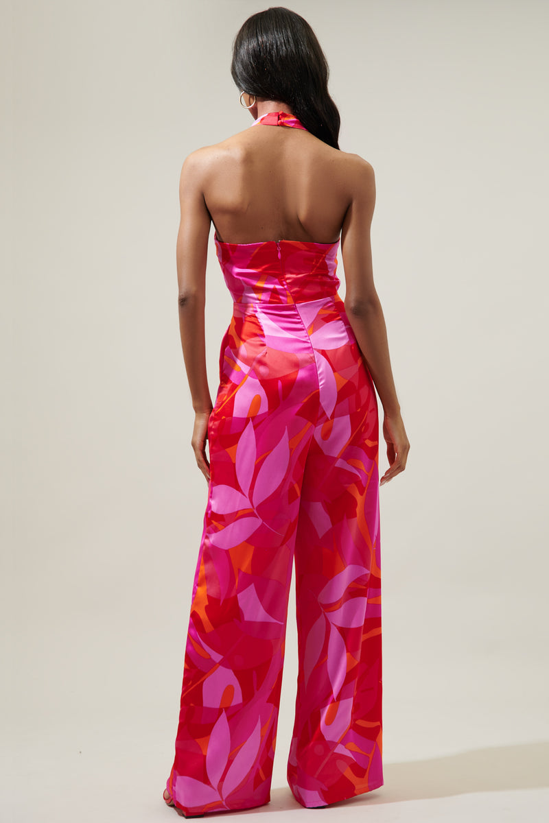 Sangria Abstract After Hours Satin Backless Halter Jumpsuit