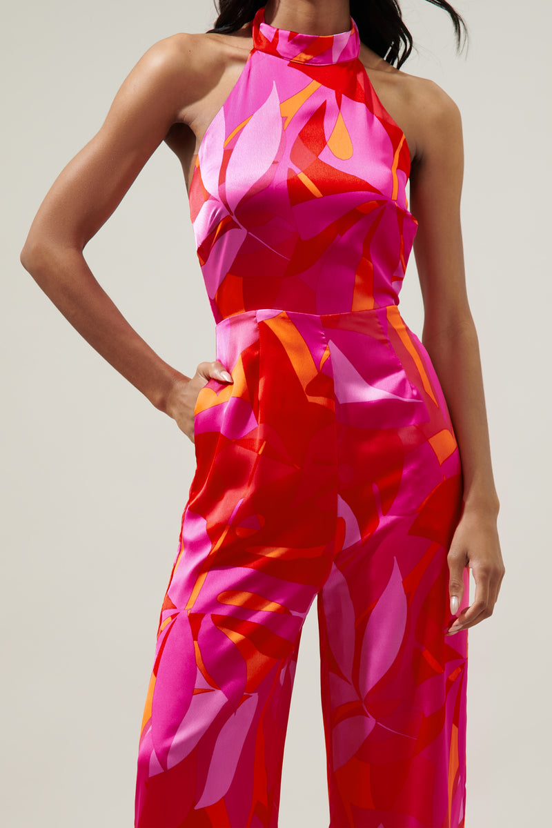 Sangria Abstract After Hours Satin Backless Halter Jumpsuit