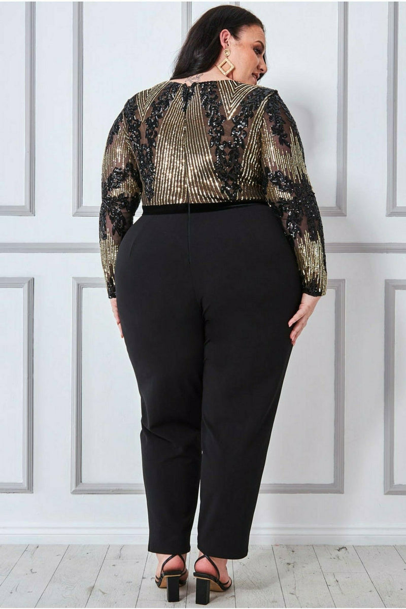 Goddiva Plus Sequin & Mesh Jumpsuit - Black