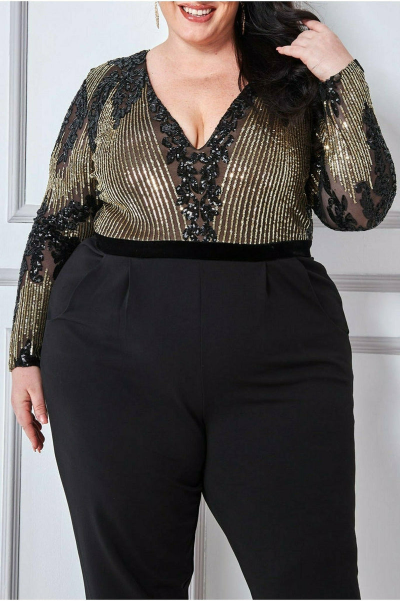 Goddiva Plus Sequin & Mesh Jumpsuit - Black