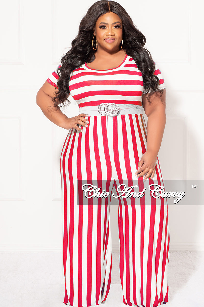 Final Sale Plus Size Short Sleeve Jumpsuit in Coral and White Stripes