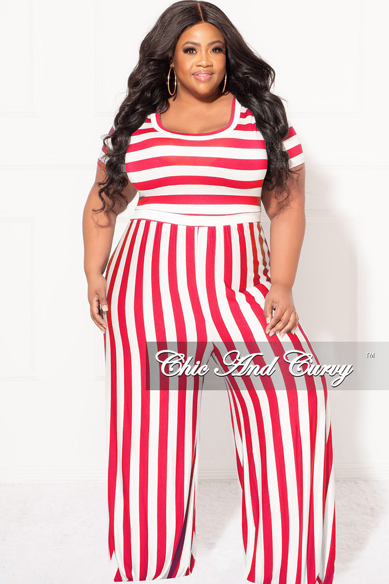 Final Sale Plus Size Short Sleeve Jumpsuit in Coral and White Stripes