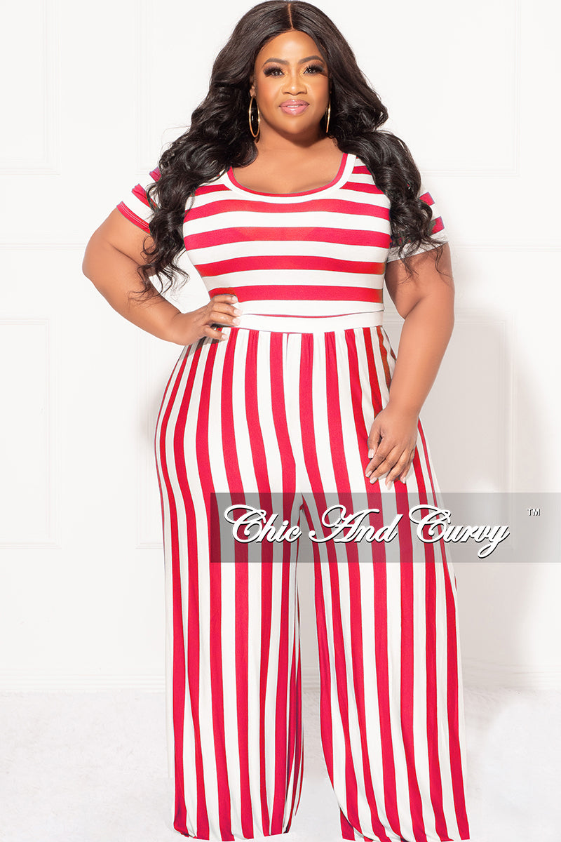 Final Sale Plus Size Short Sleeve Jumpsuit in Coral and White Stripes