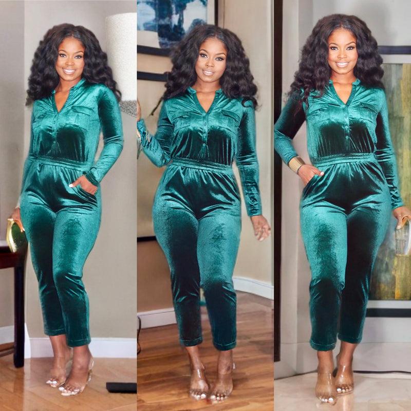 Classy Gal Velour Jumpsuit Green