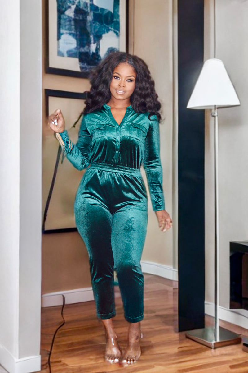 Classy Gal Velour Jumpsuit Green